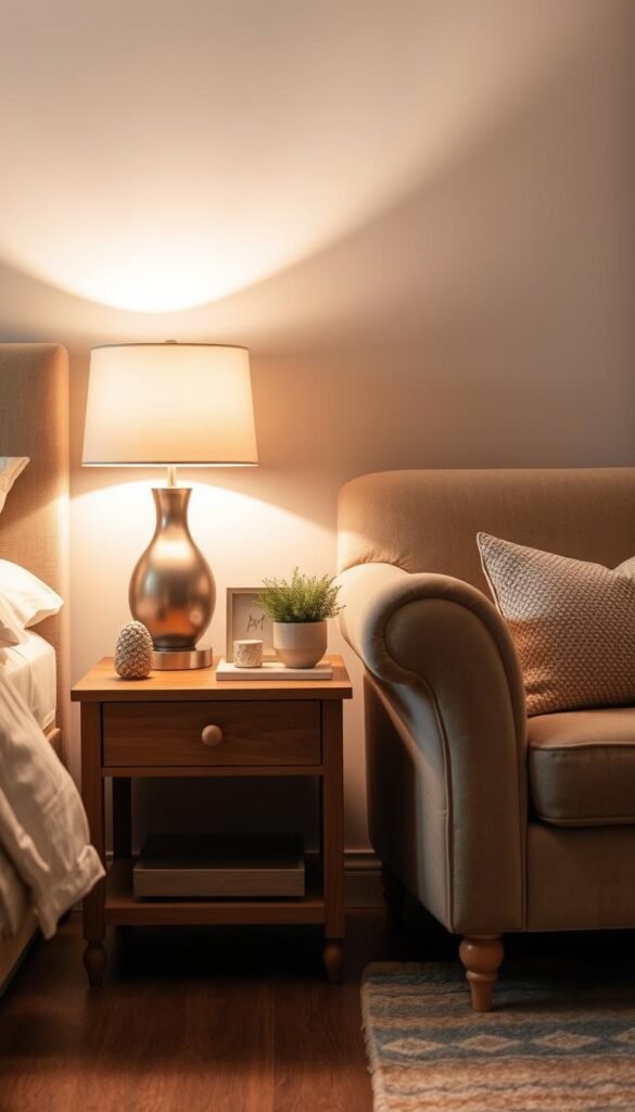 Nightstand and seating arrangement in a cozy bedroom setting. A wooden nightstand with a stylish lamp and decorative accessories sits next to a comfortable armchair, inviting relaxation. Warm, diffused lighting creates a soft, intimate atmosphere, while a neutral color palette and plush textiles lend a serene, refined ambiance. The arrangement is positioned in the foreground, with subtle hints of a bed and other furniture pieces visible in the background, creating a balanced, harmonious composition. Captured with a wide-angle lens to showcase the entire vignette, the scene conveys a sense of tranquility and thoughtful design. Nightstand and seating arrangement in a cozy bedroom setting. A wooden nightstand with a stylish lamp and decorative accessories sits next to a comfortable armchair, inviting relaxation. Warm, diffused lighting creates a soft, intimate atmosphere, while a neutral color palette and plush textiles lend a serene, refined ambiance. The arrangement is positioned in the foreground, with subtle hints of a bed and other furniture pieces visible in the background, creating a balanced, harmonious composition. Captured with a wide-angle lens to showcase the entire vignette, the scene conveys a sense of tranquility and thoughtful design.