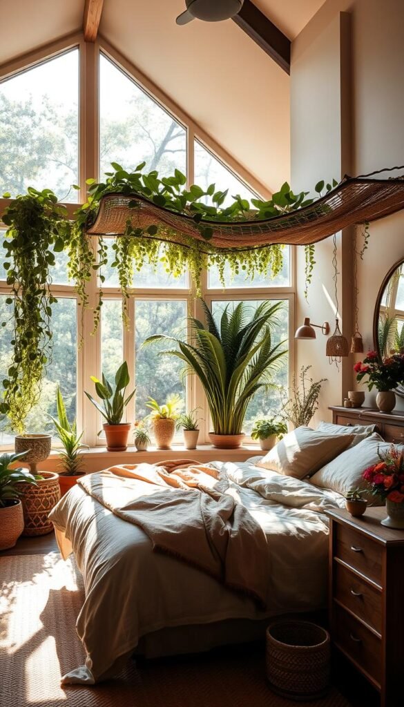 Serene biophilic bedroom, flooded with warm natural light through large windows. A plush, earthy-toned bed with a lush, leafy canopy sits as the focal point, surrounded by an abundance of potted plants, trailing vines, and a wooden dresser adorned with vibrant floral arrangements. Subtle earth-tone accents, natural wood tones, and soft textiles create a cozy, restorative ambiance. Gentle shadows and highlights accentuate the organic forms and textures, evoking a sense of harmony between the interior and the natural world beyond. Camera angle slightly elevated, capturing the tranquil, rejuvenating atmosphere of this personal retreat.