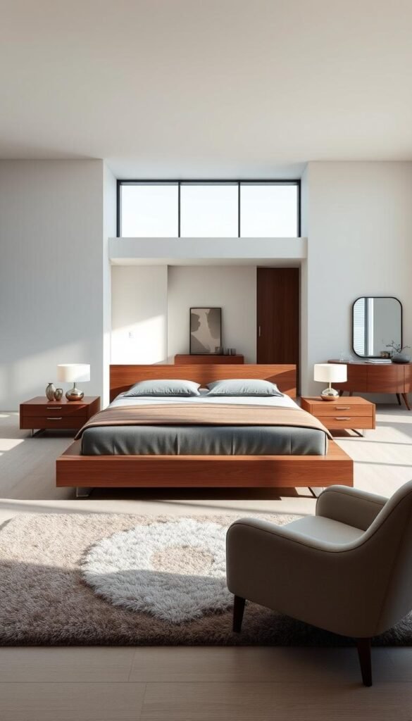 Sophisticated modern bedroom furniture essentials: a sleek king-size platform bed with a low-profile wooden headboard, flanked by minimalist nightstands with subtle ambient lighting. In the foreground, a plush area rug and an elegantly curved armchair in a neutral tone. The middle ground features a modern dresser and vanity mirror, while the background showcases large windows allowing ample natural light to pour in, creating a serene, upscale ambiance. Crisp, clean lines, and a muted color palette convey a sense of refined simplicity befitting a luxurious, contemporary bedroom layout.
