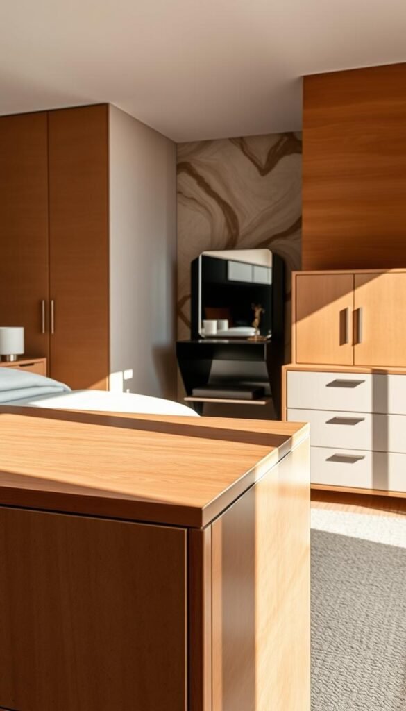 Sunlit bedroom with an array of sunmica finishes on display. In the foreground, a sleek sunmica-topped dresser and nightstand, their smooth textures catching the warm light. In the middle ground, a sunmica-clad wardrobe and vanity stand, showcasing a variety of finishes from matte to high-gloss. The background features a sunmica-paneled accent wall, its patterns and hues creating a harmonious and inviting ambiance. Soft, diffused lighting illuminates the scene, highlighting the natural beauty and versatility of the sunmica materials. The overall composition conveys a sense of modern, elegant bedroom decor. Sunlit bedroom with an array of sunmica finishes on display. In the foreground, a sleek sunmica-topped dresser and nightstand, their smooth textures catching the warm light. In the middle ground, a sunmica-clad wardrobe and vanity stand, showcasing a variety of finishes from matte to high-gloss. The background features a sunmica-paneled accent wall, its patterns and hues creating a harmonious and inviting ambiance. Soft, diffused lighting illuminates the scene, highlighting the natural beauty and versatility of the sunmica materials. The overall composition conveys a sense of modern, elegant bedroom decor.