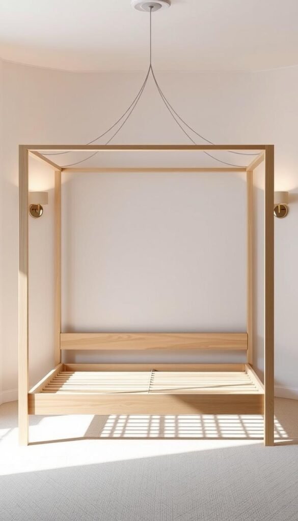 a bare, minimalistic canopy bed frame design, with a simple and elegant silhouette. The frame is made of light-colored wood, such as ash or oak, with clean lines and a subtle, natural grain. The canopy is composed of thin, delicate rods that form a airy, ethereal structure above the bed. Soft, diffused lighting from sconces on the wall creates a warm, cozy ambiance, highlighting the bed's understated beauty. The room is sparsely furnished, with a neutral color palette and natural textures to maintain the serene, uncluttered aesthetic. The overall impression is one of tranquility and understated sophistication, perfectly suited for a small, intimate bedroom space. a bare, minimalistic canopy bed frame design, with a simple and elegant silhouette. The frame is made of light-colored wood, such as ash or oak, with clean lines and a subtle, natural grain. The canopy is composed of thin, delicate rods that form a airy, ethereal structure above the bed. Soft, diffused lighting from sconces on the wall creates a warm, cozy ambiance, highlighting the bed's understated beauty. The room is sparsely furnished, with a neutral color palette and natural textures to maintain the serene, uncluttered aesthetic. The overall impression is one of tranquility and understated sophistication, perfectly suited for a small, intimate bedroom space.