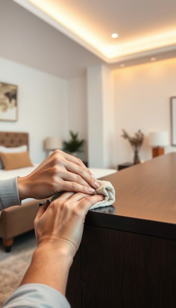 a detailed close-up shot of a person's hands carefully cleaning and polishing a dark wooden table or dresser with a soft cloth, using natural oil-based wood polish or conditioner, in a well-lit, modern bedroom interior with neutral colors, minimal decor and warm overhead lighting