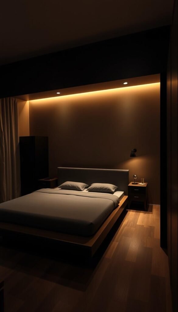 a dimly lit modern bedroom with sleek dark wood furniture including a low platform bed, minimalist nightstands, and a dresser or armoire. soft indirect lighting from hidden recessed ceiling fixtures bathes the room in a warm, cozy glow. the warm light creates a soothing, intimate atmosphere and highlights the rich tones and textures of the dark wood. the lighting is carefully angled to avoid harsh shadows or glare, creating a serene, calming ambience perfect for relaxation. the overall scene conveys a sense of sophisticated, understated elegance.