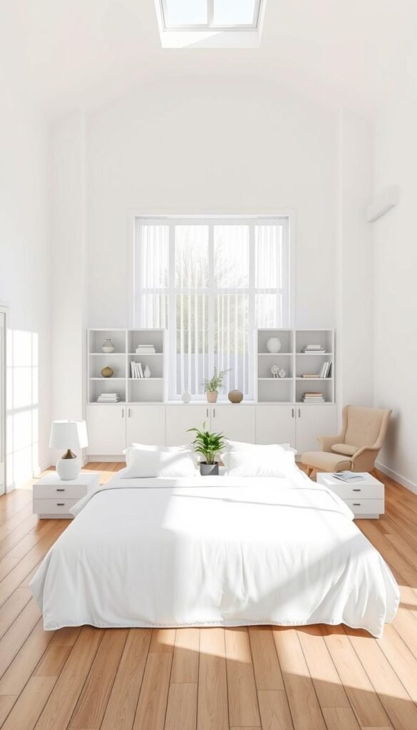 a large, sunlit bedroom with high ceilings, minimalist white walls, and a wooden plank floor. In the foreground, a king-sized bed with crisp white bedding and a selection of decorative pillows. On the nightstands, a pair of modern table lamps and a plant in a minimal ceramic pot. In the middle ground, a wide, floor-to-ceiling window with sheer white curtains, allowing natural light to flood the space. Framing the window, built-in shelving units on either side, displaying decorative objects and a few books. The background features an elegant, freestanding armchair in a complementary neutral tone, positioned to take advantage of the natural light and create a cozy reading nook. The overall mood is airy, serene, and full of potential for personalization. a large, sunlit bedroom with high ceilings, minimalist white walls, and a wooden plank floor. In the foreground, a king-sized bed with crisp white bedding and a selection of decorative pillows. On the nightstands, a pair of modern table lamps and a plant in a minimal ceramic pot. In the middle ground, a wide, floor-to-ceiling window with sheer white curtains, allowing natural light to flood the space. Framing the window, built-in shelving units on either side, displaying decorative objects and a few books. The background features an elegant, freestanding armchair in a complementary neutral tone, positioned to take advantage of the natural light and create a cozy reading nook. The overall mood is airy, serene, and full of potential for personalization.