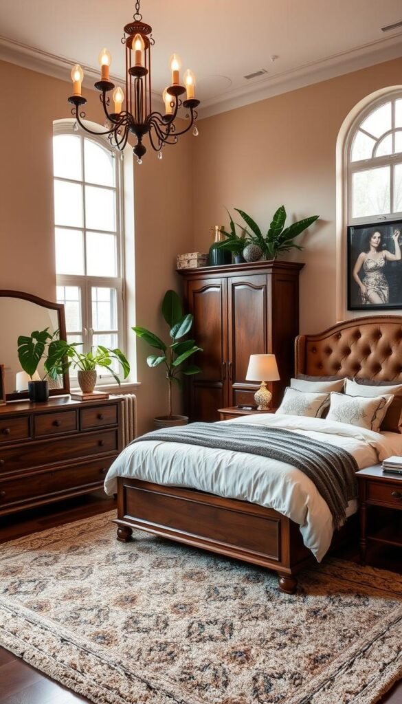a versatile bedroom with brown wooden furniture, including a large king-size bed with a tufted headboard, a dresser with drawers and a mirror, and a tall armoire wardrobe. the room has warm, soft lighting from a hanging chandelier and table lamps, casting a cozy glow. the walls are painted a neutral beige tone, and the floor is covered in a plush, textured area rug. large windows let in natural light, and lush, leafy plants add a touch of greenery to the space. the overall atmosphere is inviting, calming, and sophisticated.