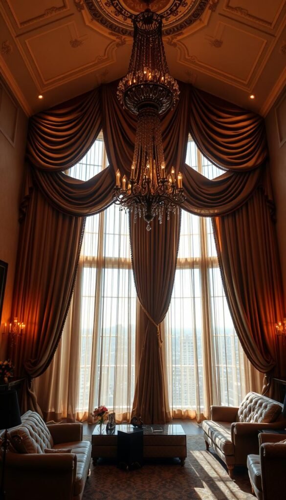 dramatic high-ceilinged bedroom with elegant, floor-to-ceiling window treatments in rich, luxurious fabrics like velvet or brocade, cascading in lush folds and dramatic swags, creating a sense of opulence and sophistication, with warm, golden lighting filtering through the sheer, layered curtains, casting a soft, romantic glow over the entire scene, a grand, ornate chandelier hanging overhead, and plush, tufted upholstered furniture completing the lavish, palace-like ambiance dramatic high-ceilinged bedroom with elegant, floor-to-ceiling window treatments in rich, luxurious fabrics like velvet or brocade, cascading in lush folds and dramatic swags, creating a sense of opulence and sophistication, with warm, golden lighting filtering through the sheer, layered curtains, casting a soft, romantic glow over the entire scene, a grand, ornate chandelier hanging overhead, and plush, tufted upholstered furniture completing the lavish, palace-like ambiance