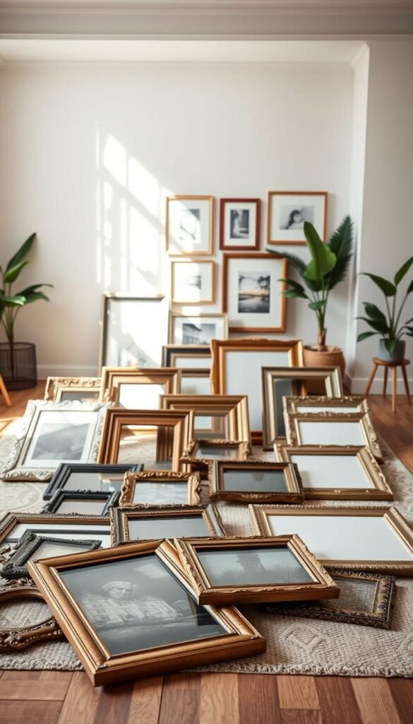 A beautifully arranged gallery wall setup planned on the floor, showcasing an eclectic mix of ornate and minimalist frames of varying sizes. In the foreground, the frames lay scattered, some leaning against each other, while others are upright, hinting at a stunning wall decor concept. In the middle ground, a stylish area rug adds texture, complementing the frames with soft, muted colors. The background features a softly lit living room setting with neutral walls and a hint of greenery from potted plants, creating a warm and inviting atmosphere. The lighting is natural, streaming in from a window to bring out the rich wood tones of the frames. The scene conveys a creative yet organized mood, inspiring viewers to envision their personalized living room wall decor. A beautifully arranged gallery wall setup planned on the floor, showcasing an eclectic mix of ornate and minimalist frames of varying sizes. In the foreground, the frames lay scattered, some leaning against each other, while others are upright, hinting at a stunning wall decor concept. In the middle ground, a stylish area rug adds texture, complementing the frames with soft, muted colors. The background features a softly lit living room setting with neutral walls and a hint of greenery from potted plants, creating a warm and inviting atmosphere. The lighting is natural, streaming in from a window to bring out the rich wood tones of the frames. The scene conveys a creative yet organized mood, inspiring viewers to envision their personalized living room wall decor.