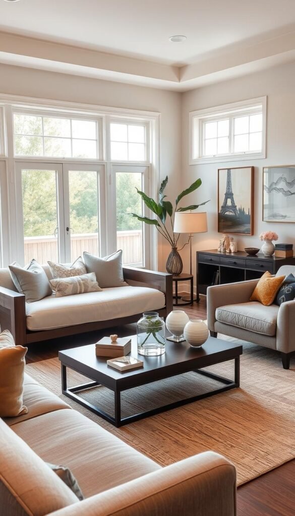A beautifully arranged living room featuring a stylish daybed and a sleek armchair, designed for flexible seating. In the foreground, the daybed is adorned with plush throw pillows, inviting relaxation. The armchair has elegant, contemporary lines, upholstered in a rich fabric. The middle ground showcases a tasteful coffee table formatted with a chic centerpiece and artistic coasters. In the background, large windows allow for soft, natural light to fill the room, illuminated by a warm afternoon glow. The walls are painted in a soft, neutral palette, complemented by tasteful artwork that adds a touch of sophistication. The atmosphere is cozy yet elegant, perfect for gatherings, styled with refined decor accents. Capture this scene from a slightly elevated angle to highlight the spaciousness and functionality of the arrangement. A beautifully arranged living room featuring a stylish daybed and a sleek armchair, designed for flexible seating. In the foreground, the daybed is adorned with plush throw pillows, inviting relaxation. The armchair has elegant, contemporary lines, upholstered in a rich fabric. The middle ground showcases a tasteful coffee table formatted with a chic centerpiece and artistic coasters. In the background, large windows allow for soft, natural light to fill the room, illuminated by a warm afternoon glow. The walls are painted in a soft, neutral palette, complemented by tasteful artwork that adds a touch of sophistication. The atmosphere is cozy yet elegant, perfect for gatherings, styled with refined decor accents. Capture this scene from a slightly elevated angle to highlight the spaciousness and functionality of the arrangement.