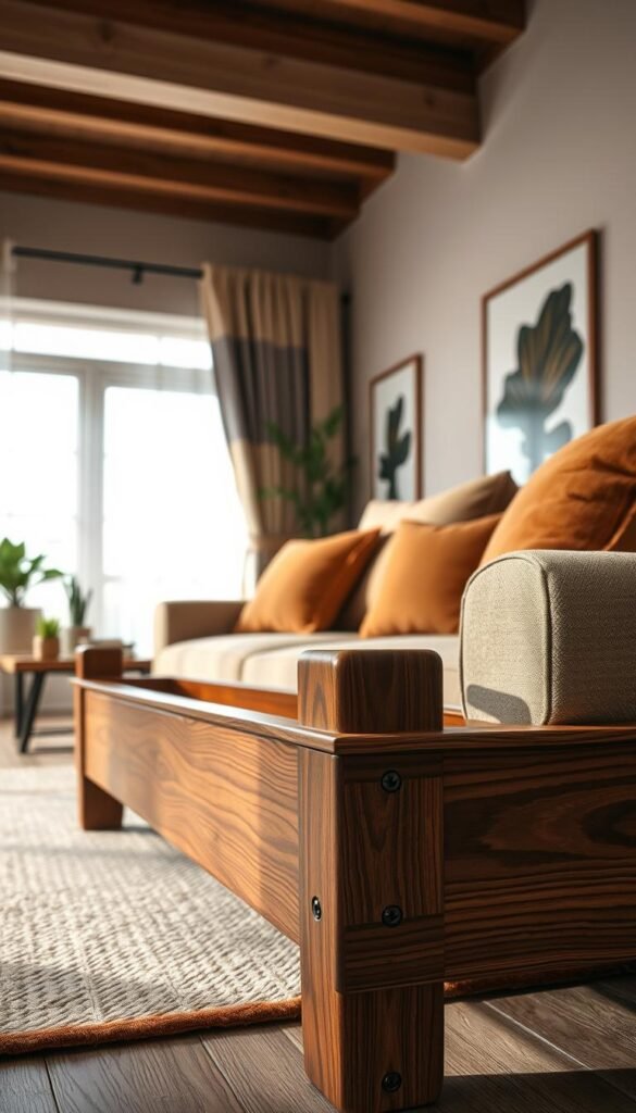 A beautifully crafted hardwood sofa frame showcasing its durability, featuring elegant upholstery with rich textures in warm earth tones. In the foreground, focus on the intricate woodwork of the frame, highlighting its robust joints and fine finish. The middle ground includes snug cushions with plush fabric, accentuating comfort and style. The background softly blurs to reveal a stylish living room setting, with neutral-colored walls and subtle decorative elements like a modern coffee table and potted plants, creating a cozy atmosphere. Soft, natural lighting filters in from a window, casting gentle shadows and enhancing the sense of warmth and inviting comfort. The angle is a slightly elevated view, capturing the sofa's construction details while maintaining an inviting ambiance.