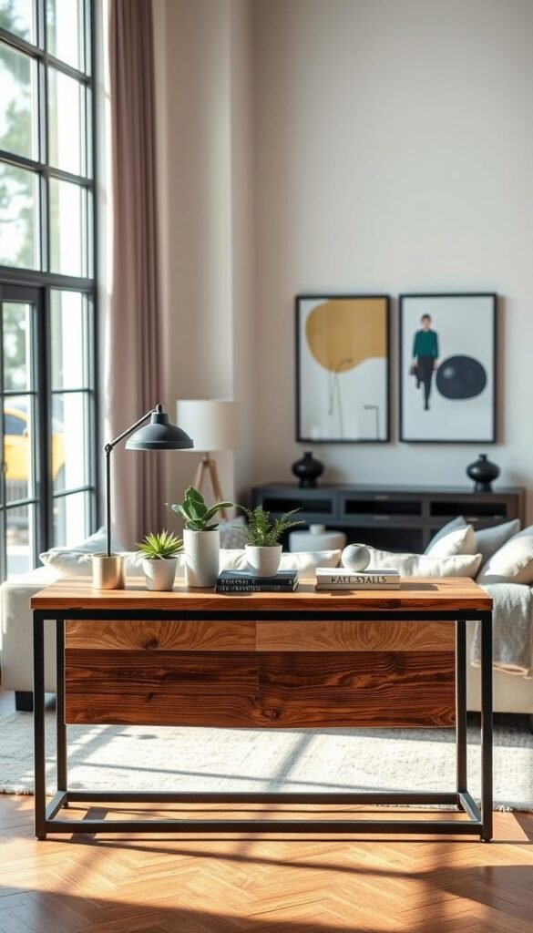 A beautifully designed reclaimed wood console table with a rich, rustic texture, set against a backdrop of a modern living room. The console features an open industrial metal frame, showcasing its sleek design and sturdy construction. In the foreground, the console is adorned with decorative items like potted plants, books, and a stylish lamp to create a cozy atmosphere. The middle of the image highlights the console's wood grain patterns and metal accents, reflecting natural light from large windows. The background presents a tastefully arranged living area with soft couches and contemporary art pieces, adding warmth and inviting ambiance. The lighting is soft and diffused, enhancing the earthy tones of the wood while casting gentle shadows for depth. The angle captures the console's profile, making it a focal point in the living room setting. A beautifully designed reclaimed wood console table with a rich, rustic texture, set against a backdrop of a modern living room. The console features an open industrial metal frame, showcasing its sleek design and sturdy construction. In the foreground, the console is adorned with decorative items like potted plants, books, and a stylish lamp to create a cozy atmosphere. The middle of the image highlights the console's wood grain patterns and metal accents, reflecting natural light from large windows. The background presents a tastefully arranged living area with soft couches and contemporary art pieces, adding warmth and inviting ambiance. The lighting is soft and diffused, enhancing the earthy tones of the wood while casting gentle shadows for depth. The angle captures the console's profile, making it a focal point in the living room setting.