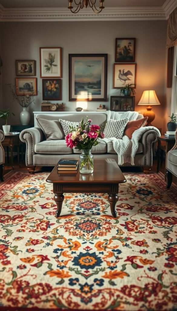 A beautifully patterned vintage rug, featuring intricate floral and geometric designs in warm, earthy tones, placed lengthwise beneath elegant living room seating. In the foreground, showcase a classic wooden coffee table adorned with a vase of fresh flowers and a stack of vintage books. In the middle, highlight a plush sofa with soft cushions and a cozy knitted throw, positioned on the rug to create an inviting atmosphere. The background features softly lit walls adorned with tasteful artwork and a blend of vintage and modern decorative elements. Use natural light streaming in from a nearby window to enhance the warm ambiance, with a slightly soft focus effect to evoke nostalgia and comfort. The overall mood should feel welcoming and reminiscent of cherished moments spent in a vintage living room setting. A beautifully patterned vintage rug, featuring intricate floral and geometric designs in warm, earthy tones, placed lengthwise beneath elegant living room seating. In the foreground, showcase a classic wooden coffee table adorned with a vase of fresh flowers and a stack of vintage books. In the middle, highlight a plush sofa with soft cushions and a cozy knitted throw, positioned on the rug to create an inviting atmosphere. The background features softly lit walls adorned with tasteful artwork and a blend of vintage and modern decorative elements. Use natural light streaming in from a nearby window to enhance the warm ambiance, with a slightly soft focus effect to evoke nostalgia and comfort. The overall mood should feel welcoming and reminiscent of cherished moments spent in a vintage living room setting.