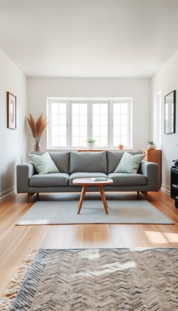 A charming small living room featuring a stylish sofa with exposed wooden legs, elegantly set on a light hardwood floor. The sofa is adorned with a couple of decorative throw pillows in soft pastel colors. In the foreground, a cozy area rug complements the seating arrangement, while a petite coffee table rests invitingly close. The middle of the room showcases an open floor space, enhancing the room's airiness and functionality. In the background, bright windows allow natural light to bathe the space, creating a warm and inviting atmosphere. The walls are painted in soft neutral tones, with minimalistic art decor adding personality. The lighting is soft and diffused, enhancing a serene and stylish vibe. Capture this room from a slightly elevated angle to emphasize the open layout and design aesthetics.