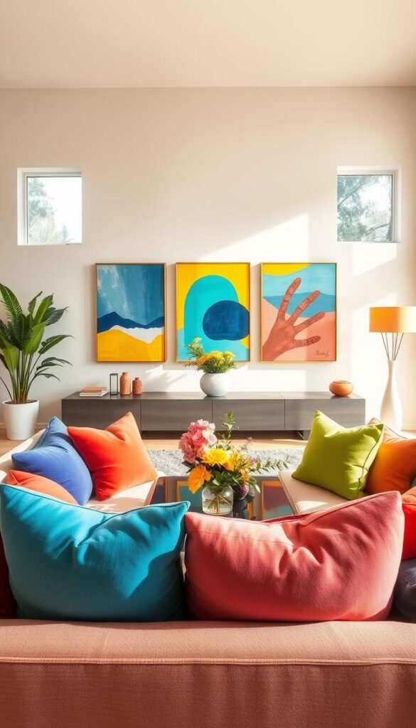 A cheerful living room featuring vibrant wall art that beautifully guides the colors throughout the space. In the foreground, plush multicolored cushions are arranged on a cozy, modern sofa that faces the viewer. The middle layer showcases an expansive wall adorned with abstract art pieces in bright hues of yellow, blue, and coral, enhancing the joyful ambiance. A stylish coffee table, decorated with fresh flowers, sits centrally, surrounded by artistic décor. In the background, large windows allow natural light to flood the room, casting soft, warm shadows. The atmosphere is inviting and infused with happiness, creating a perfect setting for relaxation and inspiration. Use a wide-angle lens perspective for depth, with balanced, bright lighting to emphasize the colorful elements. A cheerful living room featuring vibrant wall art that beautifully guides the colors throughout the space. In the foreground, plush multicolored cushions are arranged on a cozy, modern sofa that faces the viewer. The middle layer showcases an expansive wall adorned with abstract art pieces in bright hues of yellow, blue, and coral, enhancing the joyful ambiance. A stylish coffee table, decorated with fresh flowers, sits centrally, surrounded by artistic décor. In the background, large windows allow natural light to flood the room, casting soft, warm shadows. The atmosphere is inviting and infused with happiness, creating a perfect setting for relaxation and inspiration. Use a wide-angle lens perspective for depth, with balanced, bright lighting to emphasize the colorful elements.
