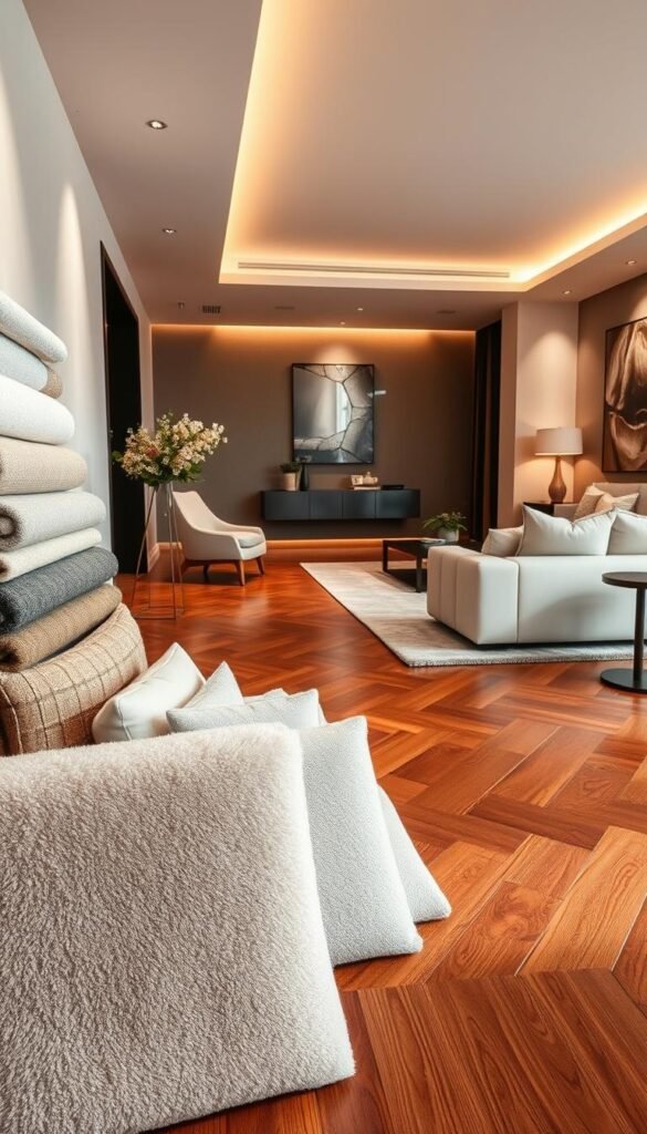 A chic and modern living room showcasing an array of elegant wall swatches in soft, luxurious fabrics, harmoniously arranged beside rich, polished wood flooring. The swatches feature a palette of neutral tones with subtle textures, reflecting the essence of contemporary luxury. In the foreground, plush upholstery samples are neatly displayed, accentuating their exquisite craftsmanship. The middle ground captures the seamless flow of the living space, adorned with minimalistic furniture that complements the color scheme. The background features a stylish accent wall, softly illuminated by warm, diffused lighting, creating an inviting atmosphere. The image should be viewed from a slightly elevated angle, enhancing the depth and perspective of this sophisticated interior design setup. A chic and modern living room showcasing an array of elegant wall swatches in soft, luxurious fabrics, harmoniously arranged beside rich, polished wood flooring. The swatches feature a palette of neutral tones with subtle textures, reflecting the essence of contemporary luxury. In the foreground, plush upholstery samples are neatly displayed, accentuating their exquisite craftsmanship. The middle ground captures the seamless flow of the living space, adorned with minimalistic furniture that complements the color scheme. The background features a stylish accent wall, softly illuminated by warm, diffused lighting, creating an inviting atmosphere. The image should be viewed from a slightly elevated angle, enhancing the depth and perspective of this sophisticated interior design setup.