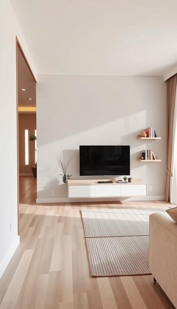 A clean, modern living room featuring a stylish floating TV unit and a narrow shelf that elegantly display decorative items, keeping the compact floor space clear and organized. In the foreground, the floating unit has sleek lines and is mounted just above a minimalist media console, complemented by a shelf on the adjacent wall, adorned with a few curated books and small plants. The middle of the room showcases a cozy seating arrangement with a textured area rug, inviting natural light streaming through large windows. The background features neutral-colored walls, enhancing the modern aesthetic. The lighting is soft and warm, creating an inviting atmosphere. The angle captures the entire scene, emphasizing the open space and tidy layout, ideal for a contemporary home.