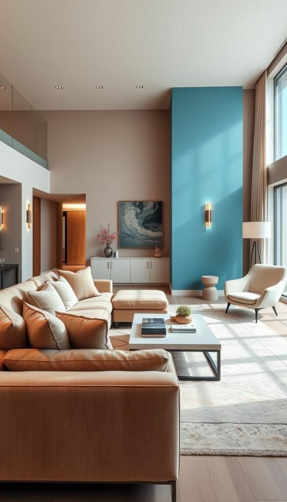 A contemporary luxury living room designed with warm neutral walls, featuring an icy blue accent wall that adds a refreshing pop of color. In the foreground, a plush, modern sofa adorned with soft cushions invites relaxation. A sleek coffee table, stylishly arranged with a few decorative items, enhances the ambiance. In the middle ground, a minimalistic area rug seamlessly blends with the surroundings while a chic accent chair complements the space. Large windows allow natural light to pour in, highlighting the textures of the furnishings. In the background, tasteful artwork and elegant lighting fixtures contribute to a sophisticated atmosphere. The entire scene conveys a serene yet modern vibe, perfect for contemporary luxury living. Shot with a wide-angle lens to capture the spaciousness and depth. A contemporary luxury living room designed with warm neutral walls, featuring an icy blue accent wall that adds a refreshing pop of color. In the foreground, a plush, modern sofa adorned with soft cushions invites relaxation. A sleek coffee table, stylishly arranged with a few decorative items, enhances the ambiance. In the middle ground, a minimalistic area rug seamlessly blends with the surroundings while a chic accent chair complements the space. Large windows allow natural light to pour in, highlighting the textures of the furnishings. In the background, tasteful artwork and elegant lighting fixtures contribute to a sophisticated atmosphere. The entire scene conveys a serene yet modern vibe, perfect for contemporary luxury living. Shot with a wide-angle lens to capture the spaciousness and depth.
