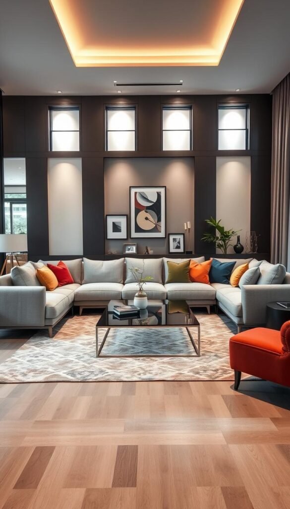 A contemporary luxury living room featuring an elegantly arranged sofa and modern furniture positioned against a tastefully decorated wall. The foreground showcases a plush, light grey sectional sofa adorned with colorful throw pillows. In the middle, a sleek glass coffee table sits atop a stylish area rug, complemented by minimalist decor such as a few art pieces and indoor plants. The background reveals a tastefully painted accent wall with framed artwork, soft ambient lighting, and large windows that cast natural light throughout the space. The overall atmosphere is sophisticated and inviting, embodying modern elegance with a touch of warmth. The shot is captured from an angle that highlights the furniture arrangement, creating an inviting and spacious feel. A contemporary luxury living room featuring an elegantly arranged sofa and modern furniture positioned against a tastefully decorated wall. The foreground showcases a plush, light grey sectional sofa adorned with colorful throw pillows. In the middle, a sleek glass coffee table sits atop a stylish area rug, complemented by minimalist decor such as a few art pieces and indoor plants. The background reveals a tastefully painted accent wall with framed artwork, soft ambient lighting, and large windows that cast natural light throughout the space. The overall atmosphere is sophisticated and inviting, embodying modern elegance with a touch of warmth. The shot is captured from an angle that highlights the furniture arrangement, creating an inviting and spacious feel.