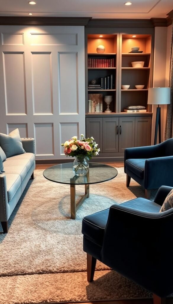 A cozy and elegant small living room, featuring a soft, textured area rug that unifies a modern sofa and two stylish chairs. The sofa, upholstered in a subtle gray fabric, and the chairs, upholstered with a rich, dark blue, create a balanced color palette. The foreground showcases the inviting seating arrangement, with plush throw pillows adding comfort. In the middle ground, a glass coffee table sits atop the rug, adorned with a tasteful vase of fresh flowers. The background reveals an elegant bookshelf with tasteful decor, softly illuminated by warm, ambient lighting that enhances the cozy atmosphere. The scene should capture a sense of intimacy and sophistication, framed from a slightly elevated angle to provide a comprehensive view of the space. A cozy and elegant small living room, featuring a soft, textured area rug that unifies a modern sofa and two stylish chairs. The sofa, upholstered in a subtle gray fabric, and the chairs, upholstered with a rich, dark blue, create a balanced color palette. The foreground showcases the inviting seating arrangement, with plush throw pillows adding comfort. In the middle ground, a glass coffee table sits atop the rug, adorned with a tasteful vase of fresh flowers. The background reveals an elegant bookshelf with tasteful decor, softly illuminated by warm, ambient lighting that enhances the cozy atmosphere. The scene should capture a sense of intimacy and sophistication, framed from a slightly elevated angle to provide a comprehensive view of the space.