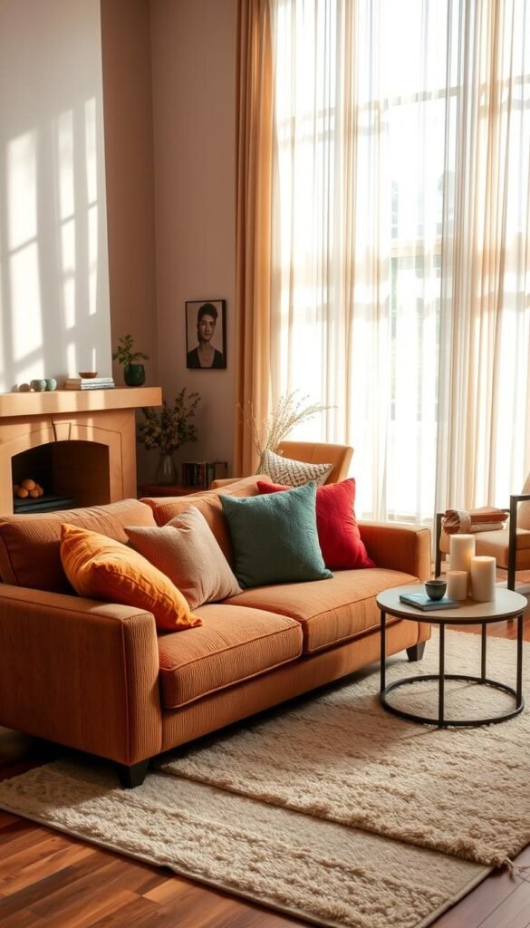 A cozy and inviting living room featuring a comfortable sofa adorned with colorful, plush cushions. The sofa is positioned in the foreground with soft, textured fabrics creating a warm appearance. Surrounding the sofa are a couple of stylish accent chairs and a round coffee table with a few decorative items, like candles and books. In the background, there’s a soft, patterned rug on a wooden floor, alongside a warm-toned fireplace that adds to the ambiance. Natural light filters through large windows draped with light, airy curtains, casting gentle shadows, which enhances the home's welcoming atmosphere. The overall scene evokes a sense of comfort and relaxation, perfect for everyday use. A cozy and inviting living room featuring a comfortable sofa adorned with colorful, plush cushions. The sofa is positioned in the foreground with soft, textured fabrics creating a warm appearance. Surrounding the sofa are a couple of stylish accent chairs and a round coffee table with a few decorative items, like candles and books. In the background, there’s a soft, patterned rug on a wooden floor, alongside a warm-toned fireplace that adds to the ambiance. Natural light filters through large windows draped with light, airy curtains, casting gentle shadows, which enhances the home's welcoming atmosphere. The overall scene evokes a sense of comfort and relaxation, perfect for everyday use.
