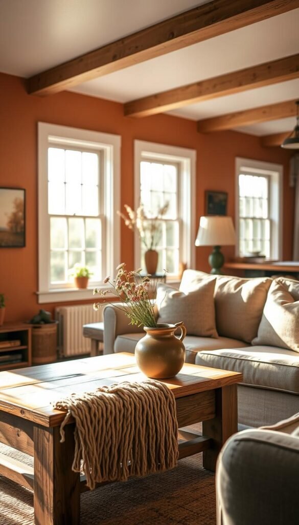 A cozy farmhouse living room featuring a wall painted in warm, earthy tones, with swatches of color sampled beside a sunlit window. In the foreground, a rustic wooden coffee table is adorned with a knitted throw and a ceramic vase of fresh wildflowers. The middle ground includes a plush, inviting sofa with soft pillows, positioned to soak up the gentle afternoon light. In the background, large windows invite natural illumination, with light streaming in and casting soft shadows across the room. The atmosphere is serene and inviting, evoking a sense of comfort and nostalgia, ideal for showcasing a country-inspired design. The composition is captured with a warm color palette, emphasizing the tranquil and welcoming essence of a farmhouse living space. A cozy farmhouse living room featuring a wall painted in warm, earthy tones, with swatches of color sampled beside a sunlit window. In the foreground, a rustic wooden coffee table is adorned with a knitted throw and a ceramic vase of fresh wildflowers. The middle ground includes a plush, inviting sofa with soft pillows, positioned to soak up the gentle afternoon light. In the background, large windows invite natural illumination, with light streaming in and casting soft shadows across the room. The atmosphere is serene and inviting, evoking a sense of comfort and nostalgia, ideal for showcasing a country-inspired design. The composition is captured with a warm color palette, emphasizing the tranquil and welcoming essence of a farmhouse living space.