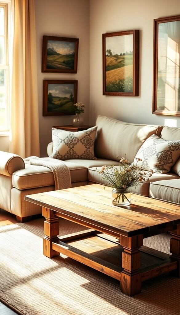 A cozy farmhouse living room scene featuring a plush, inviting sofa adorned with soft, patterned throw pillows. Beside the sofa, place a beautifully constructed wooden coffee table, perfectly proportionate, displaying a small vase of fresh wildflowers. The wall behind is decorated with rustic, framed wall art depicting serene countryside landscapes. Warm, natural light pours in from a nearby window, casting gentle shadows across the room. The floor is laid with a soft, woven rug that adds to the warmth of the space. Capture this scene from a slightly elevated angle to showcase the harmonious arrangement and welcoming atmosphere, evoking a sense of comfort and tranquility typical of a country living room. A cozy farmhouse living room scene featuring a plush, inviting sofa adorned with soft, patterned throw pillows. Beside the sofa, place a beautifully constructed wooden coffee table, perfectly proportionate, displaying a small vase of fresh wildflowers. The wall behind is decorated with rustic, framed wall art depicting serene countryside landscapes. Warm, natural light pours in from a nearby window, casting gentle shadows across the room. The floor is laid with a soft, woven rug that adds to the warmth of the space. Capture this scene from a slightly elevated angle to showcase the harmonious arrangement and welcoming atmosphere, evoking a sense of comfort and tranquility typical of a country living room.