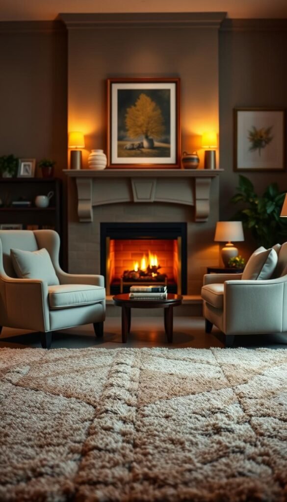A cozy living room featuring a beautifully designed fireplace as the focal point, surrounded by warm, inviting furniture. In the foreground, a plush area rug with earthy tones, complemented by a pair of elegant armchairs and a comfortable sofa in neutral shades. The middle ground showcases the striking fireplace, adorned with decorative logs and a subtle mantlepiece, casting a soft glow. The background includes warm lighting from lamps strategically placed to enhance the cozy atmosphere, along with framed artwork and indoor plants that bring life to the space. The scene is captured from a slight angle, emphasizing the balance between the fireplace and the surrounding furniture, evoking a sense of warmth and relaxation. The mood is inviting and serene, perfect for a comfortable living environment.