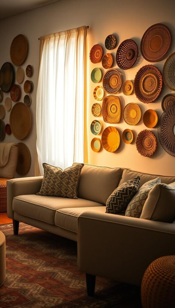 A cozy living room featuring a collection of woven wall pieces and vintage plates that create a rich texture on the walls. In the foreground, a soft, inviting sofa sits on a patterned rug, adorned with stylish throw pillows that complement the wall decor. The middle ground showcases an eclectic array of woven textiles and colorful vintage plates artfully arranged, catching the light and adding depth to the walls. In the background, a warm, ambient light filters through sheer curtains, creating a serene atmosphere. The scene is viewed from a slight angle to emphasize both the textures of the wall pieces and the inviting nature of the living space. The overall mood is warm and creative, ideal for inspiring a unique home design. A cozy living room featuring a collection of woven wall pieces and vintage plates that create a rich texture on the walls. In the foreground, a soft, inviting sofa sits on a patterned rug, adorned with stylish throw pillows that complement the wall decor. The middle ground showcases an eclectic array of woven textiles and colorful vintage plates artfully arranged, catching the light and adding depth to the walls. In the background, a warm, ambient light filters through sheer curtains, creating a serene atmosphere. The scene is viewed from a slight angle to emphasize both the textures of the wall pieces and the inviting nature of the living space. The overall mood is warm and creative, ideal for inspiring a unique home design.
