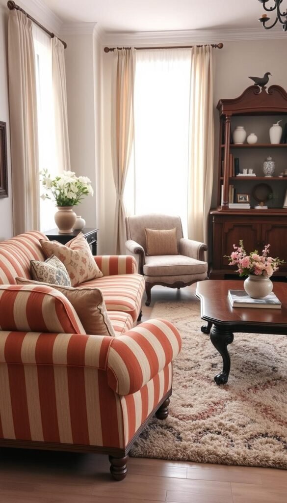A cozy living room featuring a harmonious blend of striped fabric and vintage furniture. In the foreground, a plush striped sofa with warm earth tones is paired with an antique wooden coffee table adorned with a decorative vase. In the middle, an elegant armchair with a subtle floral pattern complements the sofa, while a plush area rug anchors the space. The background showcases a vintage bookshelf filled with books and decor items, along with soft curtains allowing natural light to filter in, creating a warm glow. The overall atmosphere evokes comfort and charm, inviting relaxation. Capture the scene from a slightly elevated angle to emphasize depth and layering, with soft, diffused lighting to enhance the cozy mood. A cozy living room featuring a harmonious blend of striped fabric and vintage furniture. In the foreground, a plush striped sofa with warm earth tones is paired with an antique wooden coffee table adorned with a decorative vase. In the middle, an elegant armchair with a subtle floral pattern complements the sofa, while a plush area rug anchors the space. The background showcases a vintage bookshelf filled with books and decor items, along with soft curtains allowing natural light to filter in, creating a warm glow. The overall atmosphere evokes comfort and charm, inviting relaxation. Capture the scene from a slightly elevated angle to emphasize depth and layering, with soft, diffused lighting to enhance the cozy mood.