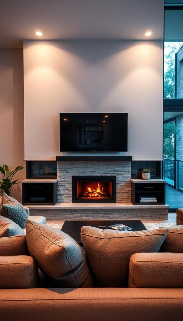 A cozy living room featuring a modern fireplace and a flat-screen television arranged elegantly on one wall. In the foreground, a plush sofa with decorative cushions invites relaxation, complemented by a sleek coffee table. The middle ground highlights the fireplace, with a warm, crackling fire, surrounded by stylish stonework, while the television is mounted above it, creating a harmonious focal point. Soft, ambient lighting gently illuminates the room, casting a warm glow that enhances the inviting atmosphere. A large window in the background showcases a hint of greenery outside, adding a touch of nature. The color palette incorporates warm neutrals and earthy tones, evoking a sense of comfort and tranquility ideal for a living space that radiates warmth.