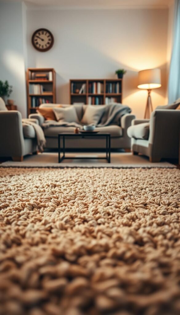 A cozy living room featuring a soft, textured area rug beautifully connecting a inviting sofa and matching chairs. The foreground showcases the plush rug in warm earth tones, accentuating the inviting atmosphere. In the middle, the sofa, draped with textured blankets, invites relaxation, while the chairs are arranged to promote conversation. The background reveals a softly lit space, with gentle ambient lighting from a nearby lamp, creating a warm glow that enhances the cozy vibe. A bookshelf filled with books and a small potted plant can be seen, adding a touch of personal charm. The overall mood is warm and welcoming, perfect for a snug gathering. The angle captures a slightly elevated view, providing a comprehensive look at the comforting layout of this living room. A cozy living room featuring a soft, textured area rug beautifully connecting a inviting sofa and matching chairs. The foreground showcases the plush rug in warm earth tones, accentuating the inviting atmosphere. In the middle, the sofa, draped with textured blankets, invites relaxation, while the chairs are arranged to promote conversation. The background reveals a softly lit space, with gentle ambient lighting from a nearby lamp, creating a warm glow that enhances the cozy vibe. A bookshelf filled with books and a small potted plant can be seen, adding a touch of personal charm. The overall mood is warm and welcoming, perfect for a snug gathering. The angle captures a slightly elevated view, providing a comprehensive look at the comforting layout of this living room.