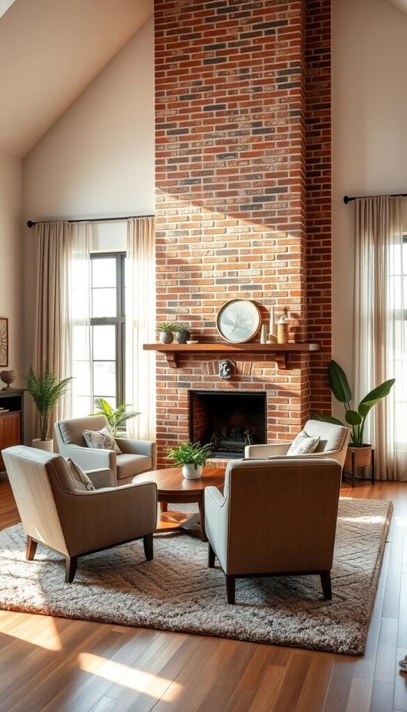 A cozy living room featuring a stunning brick fireplace surround that dominates the space. The fireplace, with its warm red and brown tones, is framed by a beautifully textured chimney wall. In the foreground, a plush area rug lies beneath a set of comfortable, stylish armchairs arranged around a wooden coffee table, inviting relaxation. The walls are painted in soft, neutral colors, enhancing the warmth of the bricks. In the background, natural light pours through large windows adorned with sheer curtains, creating a bright and airy atmosphere. The scene is illuminated by soft, warm lighting, casting gentle shadows, while decorative elements like potted plants and art pieces add a touch of personality. The overall mood is inviting and tranquil, perfect for a serene home setting.
