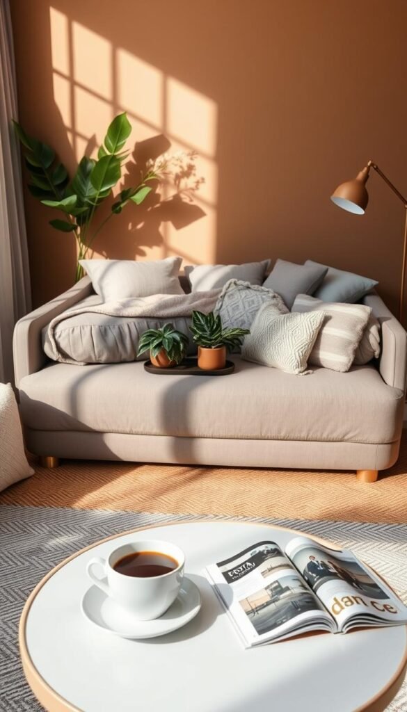 A cozy living room featuring a stylish sleeper sofa transformed into a comfortable guest bed. The sofa is adorned with soft, inviting cushions and a plush throw blanket, positioned against a warm, neutral-toned wall. In the foreground, a small side table holds a steaming cup of coffee and a neatly folded magazine, exuding an inviting atmosphere. The mid-ground showcases a tasteful arrangement of indoor plants and a rug that adds texture. Natural light filters through sheer curtains, casting soft shadows across the room, while a floor lamp in the corner adds a warm glow. The overall mood is serene and welcoming, perfect for relaxation and hospitality.