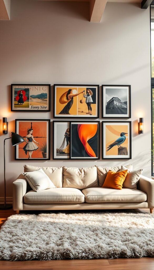 A cozy living room featuring a stylish sofa in neutral tones, adorned with soft, inviting cushions. Above the sofa, a gallery wall displays an array of vibrant museum posters framed in sleek black frames. The posters include abstract art, classic paintings, and striking photography, adding a splash of color to the space. The background is filled with warm lighting, emanating from a stylish floor lamp and soft wall sconces, creating a relaxed ambiance. A plush area rug lies beneath the sofa, enhancing the inviting atmosphere. The room is spacious yet intimate, with large windows allowing natural light to filter in, casting soft shadows across the room. The overall mood is soothing and inspiring, perfect for ultimate relaxation. A cozy living room featuring a stylish sofa in neutral tones, adorned with soft, inviting cushions. Above the sofa, a gallery wall displays an array of vibrant museum posters framed in sleek black frames. The posters include abstract art, classic paintings, and striking photography, adding a splash of color to the space. The background is filled with warm lighting, emanating from a stylish floor lamp and soft wall sconces, creating a relaxed ambiance. A plush area rug lies beneath the sofa, enhancing the inviting atmosphere. The room is spacious yet intimate, with large windows allowing natural light to filter in, casting soft shadows across the room. The overall mood is soothing and inspiring, perfect for ultimate relaxation.