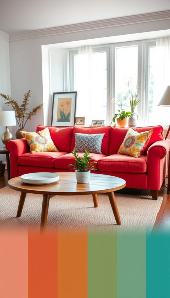 A cozy living room featuring a vibrant, colorful sofa as the focal point, adorned with cheerful patterned cushions. In the foreground, the sofa is complemented by a stylish wooden coffee table holding a small potted plant. The middle space showcases a harmonious arrangement of decor, including tasteful artwork and a soft, textured rug that ties the color scheme together. Soft, natural light streams in through large windows, casting a warm glow and adding depth to the scene. In the background, a subtle blend of pastel wall colors enhances the overall balanced palette, evoking happiness and tranquility. The atmosphere is inviting and cheerful, perfect for a relaxing day at home. A cozy living room featuring a vibrant, colorful sofa as the focal point, adorned with cheerful patterned cushions. In the foreground, the sofa is complemented by a stylish wooden coffee table holding a small potted plant. The middle space showcases a harmonious arrangement of decor, including tasteful artwork and a soft, textured rug that ties the color scheme together. Soft, natural light streams in through large windows, casting a warm glow and adding depth to the scene. In the background, a subtle blend of pastel wall colors enhances the overall balanced palette, evoking happiness and tranquility. The atmosphere is inviting and cheerful, perfect for a relaxing day at home.