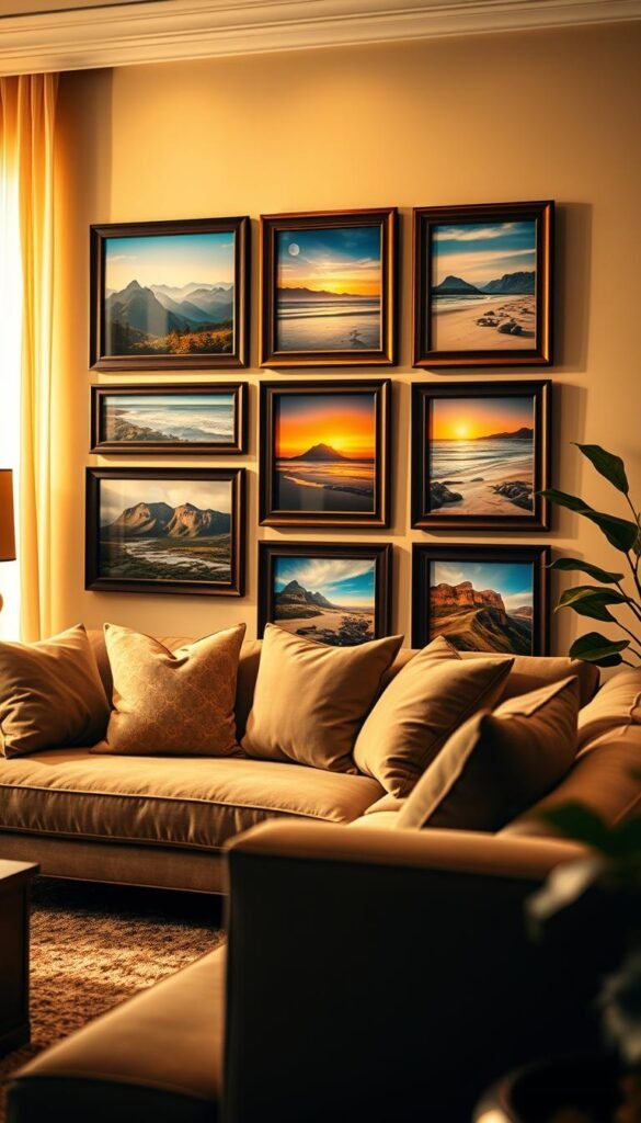 A cozy living room featuring an elegant arrangement of wall pictures showcasing vibrant landscapes and framed family travel images. In the foreground, a stylish sofa is positioned at a comfortable angle, adorned with plush cushions. The middle ground highlights a gallery wall filled with diverse artwork: serene mountain vistas, sunny beach scenes, and cherished travel memories, all tastefully coordinated in wooden frames. The background shows a warm, inviting atmosphere created by soft golden lighting, filtering through sheer curtains. The lens captures this scene from a slight low angle, emphasizing the artwork while maintaining the inviting feel of the space. The mood is nostalgic and inspirational, perfect for showcasing living room wall decor that reflects personal journeys and memories. A cozy living room featuring an elegant arrangement of wall pictures showcasing vibrant landscapes and framed family travel images. In the foreground, a stylish sofa is positioned at a comfortable angle, adorned with plush cushions. The middle ground highlights a gallery wall filled with diverse artwork: serene mountain vistas, sunny beach scenes, and cherished travel memories, all tastefully coordinated in wooden frames. The background shows a warm, inviting atmosphere created by soft golden lighting, filtering through sheer curtains. The lens captures this scene from a slight low angle, emphasizing the artwork while maintaining the inviting feel of the space. The mood is nostalgic and inspirational, perfect for showcasing living room wall decor that reflects personal journeys and memories.