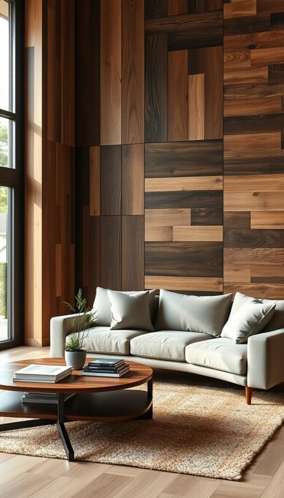 A cozy living room featuring wood wall panels that showcase a variety of textures, such as smooth, rough-hewn, and reclaimed styles. The foreground includes a stylish coffee table with a few decorative items like books and a potted plant. In the middle ground, a plush sofa with neutral tones complements the textured panels, and a warm, inviting rug lies beneath it. The background reveals large windows letting in soft, natural light, illuminating the rich details of the wood. The atmosphere is tranquil yet sophisticated, conveying an inviting space perfect for relaxation and creativity. The perspective is slightly angled to highlight the layered design of the wall panels, enhancing the overall depth of the scene. A cozy living room featuring wood wall panels that showcase a variety of textures, such as smooth, rough-hewn, and reclaimed styles. The foreground includes a stylish coffee table with a few decorative items like books and a potted plant. In the middle ground, a plush sofa with neutral tones complements the textured panels, and a warm, inviting rug lies beneath it. The background reveals large windows letting in soft, natural light, illuminating the rich details of the wood. The atmosphere is tranquil yet sophisticated, conveying an inviting space perfect for relaxation and creativity. The perspective is slightly angled to highlight the layered design of the wall panels, enhancing the overall depth of the scene.