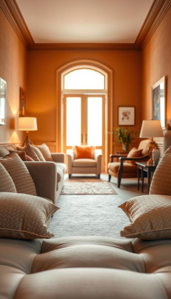 A cozy living room scene featuring a clear walkway between a plush, inviting sofa and an elegant armchair, with a softly lit open doorway in the background. The foreground showcases comfortable, textured cushions in warm tones, creating a welcoming atmosphere. In the middle, the sofa and chair are positioned to encourage relaxation and conversation, with a subtle rug underfoot. The background consists of a softly illuminated doorway, allowing natural light to flood the space, enhancing the cozy feel. The walls are painted in warm hues, adorned with tasteful artwork, giving an air of tranquility. The overall mood is serene and inviting, perfect for ultimate relaxation, captured with warm, soft lighting and a slightly blurred background for focus. A cozy living room scene featuring a clear walkway between a plush, inviting sofa and an elegant armchair, with a softly lit open doorway in the background. The foreground showcases comfortable, textured cushions in warm tones, creating a welcoming atmosphere. In the middle, the sofa and chair are positioned to encourage relaxation and conversation, with a subtle rug underfoot. The background consists of a softly illuminated doorway, allowing natural light to flood the space, enhancing the cozy feel. The walls are painted in warm hues, adorned with tasteful artwork, giving an air of tranquility. The overall mood is serene and inviting, perfect for ultimate relaxation, captured with warm, soft lighting and a slightly blurred background for focus.