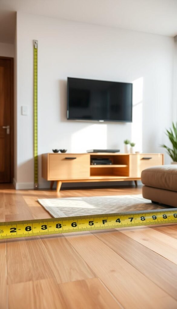 A cozy living room scene featuring a measured wall with a television mounted on it, positioned for clarity and visual balance. In the foreground, a modern measuring tape is laid out next to the wall, depicting precise measurements. The middle of the image showcases a simple, elegant living room unit, designed with clean lines and a contemporary aesthetic, featuring light wood and neutral colors. In the background, soft natural light floods through a nearby window, creating a warm and inviting atmosphere. The camera angle captures the space from a slightly elevated perspective, highlighting the unit’s design in relation to the wall and TV. The mood is calm and focused, ideal for visualizing a clean and modern living room layout.