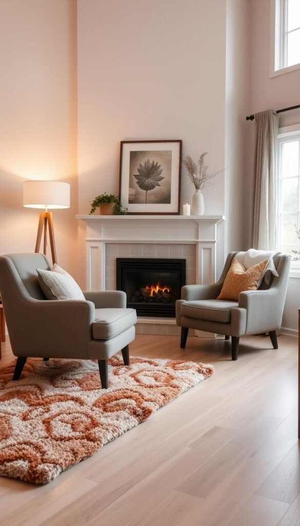 A cozy living room scene featuring a plush, patterned area rug in warm earthy tones, softly contrasting with a light-colored hardwood floor. Beside a beautifully styled fireplace, a modern floor lamp with a warm glow illuminates a pair of comfortable chairs, invitingly arranged for relaxed seating. The fireplace is surrounded by decorative elements like candles and a vase of fresh flowers, enhancing the warmth of the space. In the background, a neutral-toned wall is adorned with tasteful artwork, and a large window lets in gentle natural light, casting a soft ambiance throughout the room. The atmosphere is peaceful and inviting, perfect for gatherings in a stylish yet comfortable home.