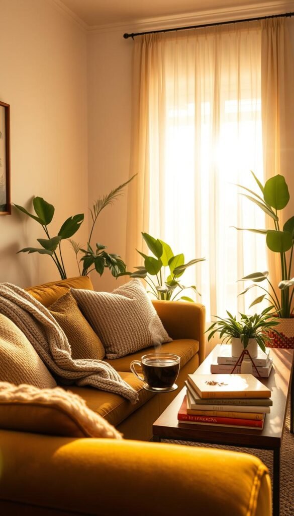 A cozy living room scene featuring cream walls that radiate warmth. The foreground includes a plush olive green sofa adorned with various textured cushions, creating an inviting atmosphere. A soft, knitted throw blanket drapes over one armrest, inviting relaxation. In the middle ground, a stylish coffee table showcases a steaming cup of herbal tea and a stack of well-loved books, surrounded by lush indoor plants that enhance the homey vibe. The background reveals a sunlit window with sheer curtains gently swaying, casting soft shadows across the room. The lighting is warm and golden, mimicking late afternoon sunlight, while a subtle lens flare adds a dreamy quality. The overall mood is serene, inviting, and exuding comfort, perfect for a living room that feels like a hug. A cozy living room scene featuring cream walls that radiate warmth. The foreground includes a plush olive green sofa adorned with various textured cushions, creating an inviting atmosphere. A soft, knitted throw blanket drapes over one armrest, inviting relaxation. In the middle ground, a stylish coffee table showcases a steaming cup of herbal tea and a stack of well-loved books, surrounded by lush indoor plants that enhance the homey vibe. The background reveals a sunlit window with sheer curtains gently swaying, casting soft shadows across the room. The lighting is warm and golden, mimicking late afternoon sunlight, while a subtle lens flare adds a dreamy quality. The overall mood is serene, inviting, and exuding comfort, perfect for a living room that feels like a hug.
