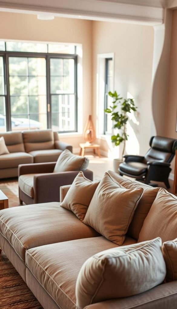 A cozy living room scene showcasing various comfort-oriented sofa options tailored for different seating needs. In the foreground, an inviting sectional sofa with plush cushions, demonstrating optimal relaxation and space for lounging. Beside it, a sleek loveseat designed for intimate settings, featuring elegant lines and soft fabric. In the middle ground, a stylish recliner with a modern design and ergonomic support, emphasizing comfort for reading or watching TV. The background displays a warm, softly lit room, with natural light streaming in through large windows, highlighting the textures and colors of the sofas. Use a wide-angle lens for depth, focusing on the inviting atmosphere, while creating a calm and welcoming mood throughout the space.