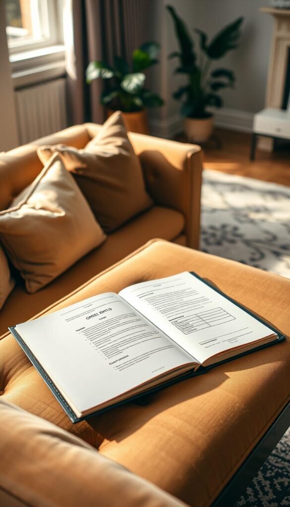 A cozy living room setting showcasing a detailed view of sofa order details and care paperwork meticulously organized on a stylish coffee table. The foreground features an elegant, plush sofa with soft fabric in a warm hue, surrounded by decorative cushions. The middle layer includes an open folder with neatly arranged paperwork, including order forms and care instructions, illuminated by soft natural light filtering in through a nearby window. In the background, tastefully chosen decor elements like a potted plant and a stylish rug enhance the ambiance. The overall mood conveys a sense of preparation and comfort, reflecting a well-thought-out purchase process for the perfect living room centerpiece. Shot with a soft focus lens, the scene evokes warmth and a welcoming atmosphere.