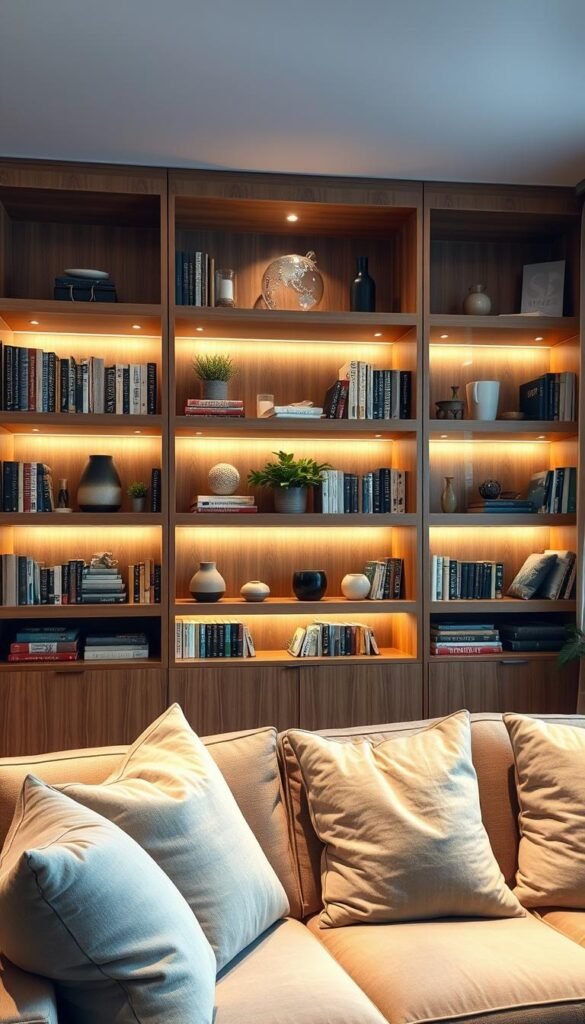 A cozy living room showcasing built-in shelves filled with neatly arranged books and a selection of displayed objects like decorative vases, candles, and small plants. In the foreground, a plush, comfortable sofa with soft throw pillows, creating an inviting atmosphere. The middle layer features the shelves, crafted from warm wood, illuminated by soft, ambient lighting that highlights the texture of the books and objects. In the background, a large window with sheer curtains lets in natural light, casting gentle shadows and enhancing the tranquil mood. The overall color palette is warm and earthy, promoting relaxation and comfort, perfect for a peaceful retreat. A cozy living room showcasing built-in shelves filled with neatly arranged books and a selection of displayed objects like decorative vases, candles, and small plants. In the foreground, a plush, comfortable sofa with soft throw pillows, creating an inviting atmosphere. The middle layer features the shelves, crafted from warm wood, illuminated by soft, ambient lighting that highlights the texture of the books and objects. In the background, a large window with sheer curtains lets in natural light, casting gentle shadows and enhancing the tranquil mood. The overall color palette is warm and earthy, promoting relaxation and comfort, perfect for a peaceful retreat.