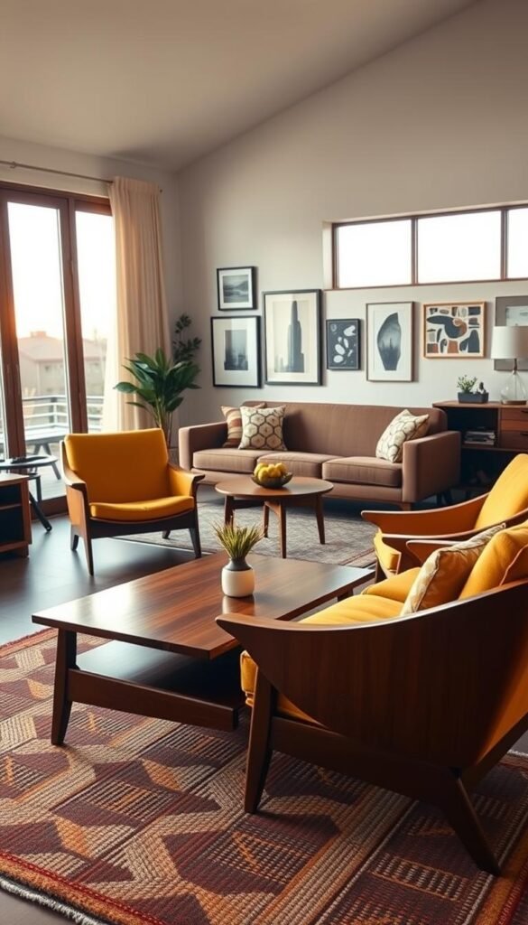 A cozy mid-century modern living room featuring elegantly tapered wood furniture. In the foreground, a stylish teak coffee table, paired with sleek, low-slung armchairs upholstered in vibrant mustard yellow fabric. A rich, textured area rug grounds the space, complementing the warm tones of the wooden furniture. The middle section includes a streamlined sofa with a retro design, accented by symmetrical throw pillows. In the background, large windows allow soft, natural light to flood the room, illuminating a gallery wall of abstract art. The atmosphere is inviting and nostalgic, evoking a sense of warmth and comfort, with golden hour lighting casting gentle shadows. The scene is captured from a slightly elevated angle, emphasizing the open layout and harmonious color palette of earthy tones and pops of color. A cozy mid-century modern living room featuring elegantly tapered wood furniture. In the foreground, a stylish teak coffee table, paired with sleek, low-slung armchairs upholstered in vibrant mustard yellow fabric. A rich, textured area rug grounds the space, complementing the warm tones of the wooden furniture. The middle section includes a streamlined sofa with a retro design, accented by symmetrical throw pillows. In the background, large windows allow soft, natural light to flood the room, illuminating a gallery wall of abstract art. The atmosphere is inviting and nostalgic, evoking a sense of warmth and comfort, with golden hour lighting casting gentle shadows. The scene is captured from a slightly elevated angle, emphasizing the open layout and harmonious color palette of earthy tones and pops of color.