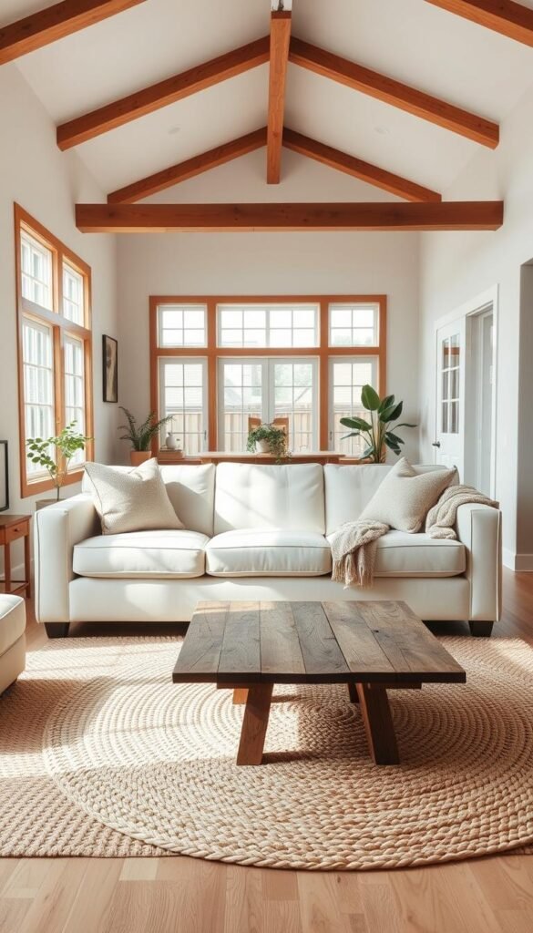 A cozy modern farmhouse living room featuring a streamlined, light-colored sofa positioned centrally in the foreground. The sofa is complemented by textured throw pillows and a soft knitted blanket. To one side, a rustic coffee table made from weathered wood adds charm. In the middle ground, there are large windows allowing natural light to flood the space, highlighting a woven area rug underneath. The walls are adorned with subtle, neutral tones, creating a warm and inviting atmosphere. In the background, a wooden beam ceiling adds character, and a few indoor plants provide a touch of greenery. The scene conveys a serene and comfortable mood, perfect for relaxation. The image is to be captured from a slightly elevated angle, immersing viewers in this stylish yet homely design. A cozy modern farmhouse living room featuring a streamlined, light-colored sofa positioned centrally in the foreground. The sofa is complemented by textured throw pillows and a soft knitted blanket. To one side, a rustic coffee table made from weathered wood adds charm. In the middle ground, there are large windows allowing natural light to flood the space, highlighting a woven area rug underneath. The walls are adorned with subtle, neutral tones, creating a warm and inviting atmosphere. In the background, a wooden beam ceiling adds character, and a few indoor plants provide a touch of greenery. The scene conveys a serene and comfortable mood, perfect for relaxation. The image is to be captured from a slightly elevated angle, immersing viewers in this stylish yet homely design.