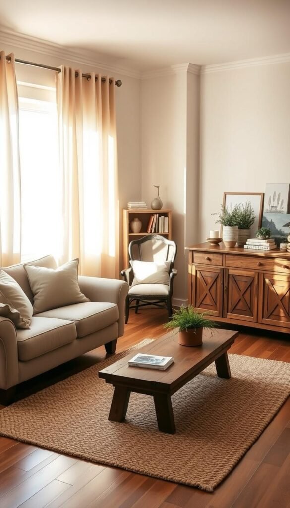 A cozy small farmhouse living room featuring compact furniture arranged for clear pathways. In the foreground, a stylish, overstuffed sofa adorned with neutral-toned pillows, accompanied by a rustic coffee table made from reclaimed wood. In the middle, a vintage armchair sits beside a small bookshelf filled with country-themed decor and books. Warm sunlight filters through sheer curtains, casting inviting shadows across the space. The walls are painted in soft pastels, enhancing the homely feel. A braided rug anchors the room, adding texture. To the back, a wooden console displays potted plants and farm-inspired art, completing the serene country atmosphere. The scene is illuminated by natural light, creating a warm and welcoming mood, shot from a slightly elevated angle to encompass the entire layout. A cozy small farmhouse living room featuring compact furniture arranged for clear pathways. In the foreground, a stylish, overstuffed sofa adorned with neutral-toned pillows, accompanied by a rustic coffee table made from reclaimed wood. In the middle, a vintage armchair sits beside a small bookshelf filled with country-themed decor and books. Warm sunlight filters through sheer curtains, casting inviting shadows across the space. The walls are painted in soft pastels, enhancing the homely feel. A braided rug anchors the room, adding texture. To the back, a wooden console displays potted plants and farm-inspired art, completing the serene country atmosphere. The scene is illuminated by natural light, creating a warm and welcoming mood, shot from a slightly elevated angle to encompass the entire layout.