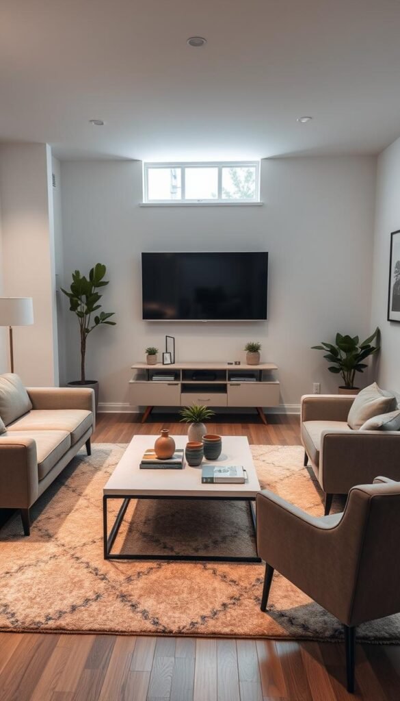 A cozy small living room featuring a modern floating TV stand that complements an open floor space. In the foreground, a minimalist coffee table sits atop a soft area rug, surrounded by plush seating arrangements, including a sleek sofa and a stylish armchair. The middle ground showcases the floating stand embellished with decorative items, a large flat-screen TV mounted above, and soft, ambient lighting. In the background, gently lit windows allow natural light to stream in, creating a warm and inviting atmosphere. The color palette includes neutral tones with pops of greenery from potted plants. The image conveys a serene and contemporary vibe, perfect for relaxing or entertaining, with a focus on spaciousness and stylish design elements. The angle captures the room's layout to emphasize openness. A cozy small living room featuring a modern floating TV stand that complements an open floor space. In the foreground, a minimalist coffee table sits atop a soft area rug, surrounded by plush seating arrangements, including a sleek sofa and a stylish armchair. The middle ground showcases the floating stand embellished with decorative items, a large flat-screen TV mounted above, and soft, ambient lighting. In the background, gently lit windows allow natural light to stream in, creating a warm and inviting atmosphere. The color palette includes neutral tones with pops of greenery from potted plants. The image conveys a serene and contemporary vibe, perfect for relaxing or entertaining, with a focus on spaciousness and stylish design elements. The angle captures the room's layout to emphasize openness.