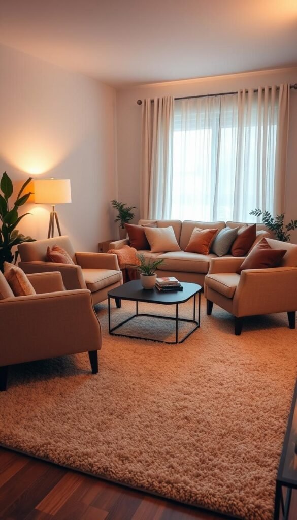 A cozy small living room featuring a soft, textured area rug that distinctly marks the seating zone. In the foreground, plush armchairs with warm, natural fabrics surround a low coffee table decorated with a small potted plant and a couple of books. The middle ground showcases a comfortable sectional couch adorned with an assortment of inviting throw pillows in earth tones. In the background, warm ambient lighting emanates from a stylish floor lamp and a large window draped with light, airy curtains, allowing soft, natural light to fill the room. The atmosphere exudes warmth and comfort, perfect for relaxation. The angle is slightly elevated, capturing the inviting layout of the seating arrangement and the intimate ambiance of the space. A cozy small living room featuring a soft, textured area rug that distinctly marks the seating zone. In the foreground, plush armchairs with warm, natural fabrics surround a low coffee table decorated with a small potted plant and a couple of books. The middle ground showcases a comfortable sectional couch adorned with an assortment of inviting throw pillows in earth tones. In the background, warm ambient lighting emanates from a stylish floor lamp and a large window draped with light, airy curtains, allowing soft, natural light to fill the room. The atmosphere exudes warmth and comfort, perfect for relaxation. The angle is slightly elevated, capturing the inviting layout of the seating arrangement and the intimate ambiance of the space.