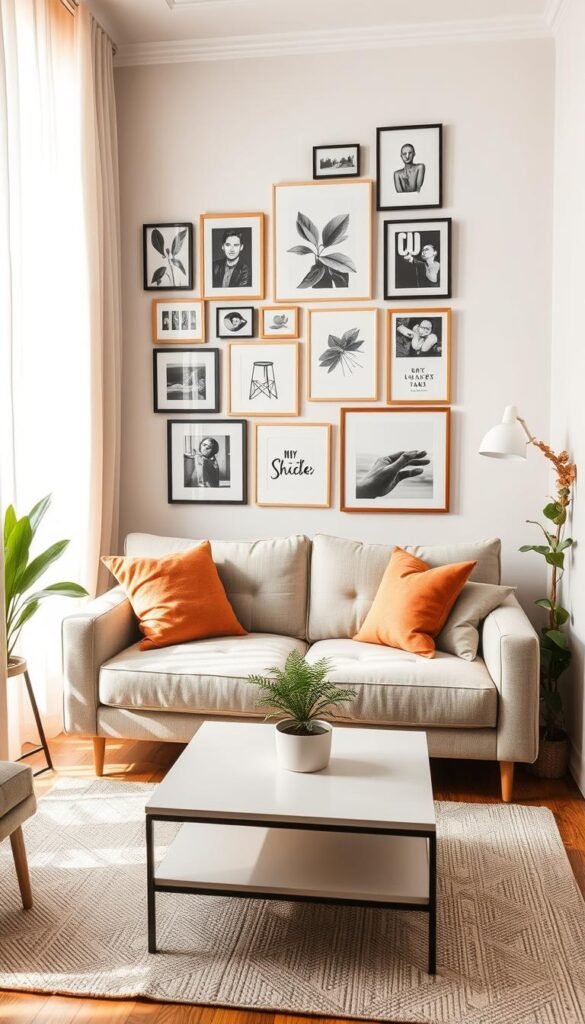 A cozy small living room featuring a stylish, compact gallery wall above a modern sofa. The gallery wall consists of closely spaced frames in various sizes, showcasing a mix of contemporary artwork and black-and-white photos. The sofa is upholstered in soft, neutral fabric, adorned with colorful cushions for a pop of color. The room is softly illuminated by natural light filtering through sheer curtains, creating a warm and inviting atmosphere. A minimalist coffee table sits in front of the sofa, complemented by a small potted plant. The background showcases light-styled decor elements, such as a rug and tasteful indoor plants, all contributing to a chic and magazine-worthy aesthetic. The angle captures the gallery wall prominently while emphasizing the elegant yet cozy vibe of the living space.