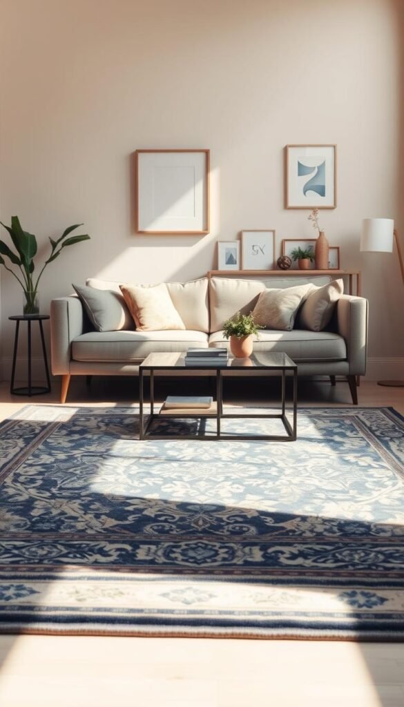 A cozy small living room featuring a stylish sofa with a modern design, positioned against a soft, neutral-colored wall. In the foreground, an elegant area rug extends under the front legs of the sofa, showcasing intricate patterns in muted tones of blue and beige. The lighting is warm and inviting, with sunlight streaming in through a nearby window, casting soft shadows on the rug. In the middle ground, a tasteful coffee table rests on the rug, adorned with a few decorative books and a small potted plant. In the background, minimalist decor accents the space, such as framed artwork and indoor greenery. The atmosphere is serene and fashionable, embodying a chic, magazine-worthy aesthetic.